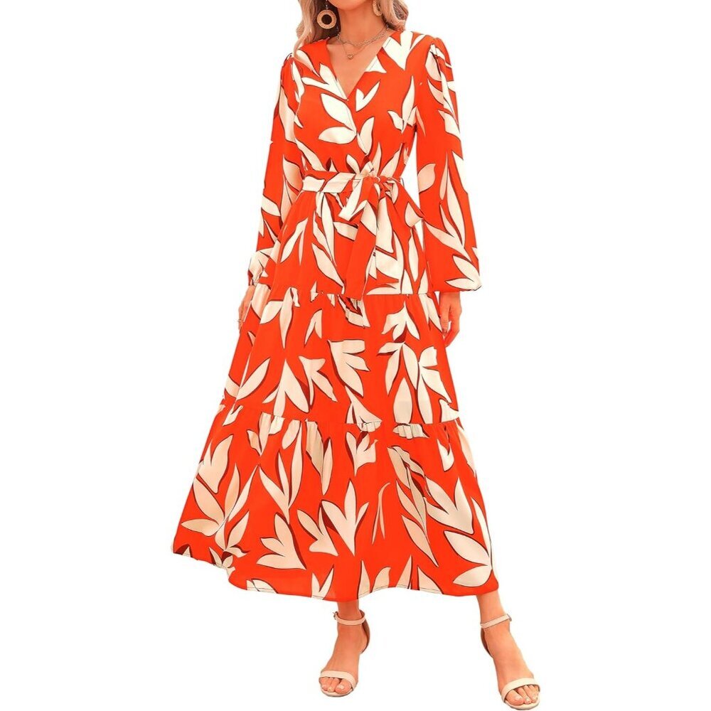 PrettyGarden Women Orange White Polyester V Neck Long Sleeve Floral Maxi Dress